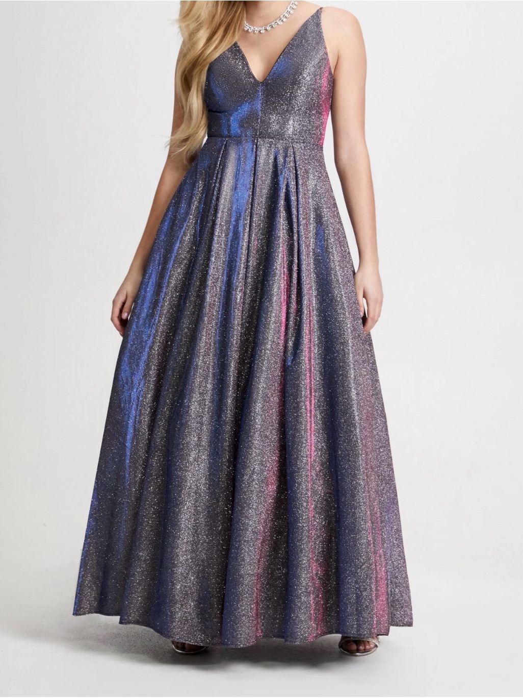 Shimmering V-Neck Prom Gown In Iridescent Blue-Pink